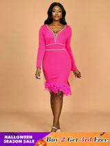 AOMEIDRESS Elegant Feather V Neck Dress with Beading for Wedding Party Rose / S