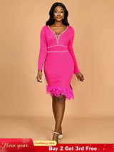 AOMEIDRESS Elegant Feather V Neck Dress with Beading for Wedding Party Rose / S