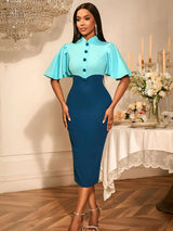 AOMEIDRESS Elegant Formal Party Midi Dress Half High Collar Patchwork