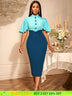 AOMEIDRESS Elegant Formal Party Midi Dress Half High Collar Patchwork Blue / S
