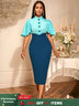 AOMEIDRESS Elegant Formal Party Midi Dress Half High Collar Patchwork Blue / S