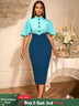 AOMEIDRESS Elegant Formal Party Midi Dress Half High Collar Patchwork Blue / S