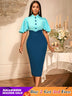 AOMEIDRESS Elegant Formal Party Midi Dress Half High Collar Patchwork Blue / S