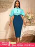 AOMEIDRESS Elegant Formal Party Midi Dress Half High Collar Patchwork Blue / S