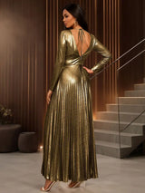 AOMEIDRESS Elegant Gold A Line Pleated Dress V Neck Long Sleeve Gowns
