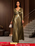 AOMEIDRESS Elegant Gold A Line Pleated Dress V Neck Long Sleeve Gowns Gold / S