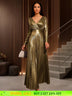 AOMEIDRESS Elegant Gold A Line Pleated Dress V Neck Long Sleeve Gowns Gold / S