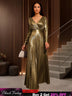 AOMEIDRESS Elegant Gold A Line Pleated Dress V Neck Long Sleeve Gowns Gold / S