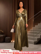 AOMEIDRESS Elegant Gold A Line Pleated Dress V Neck Long Sleeve Gowns Gold / S