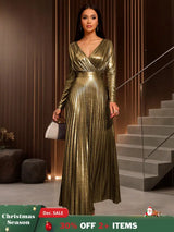 AOMEIDRESS Elegant Gold A Line Pleated Dress V Neck Long Sleeve Gowns Gold / S