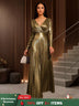 AOMEIDRESS Elegant Gold A Line Pleated Dress V Neck Long Sleeve Gowns Gold / S