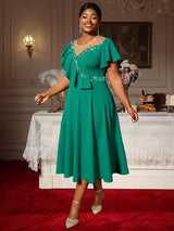 AOMEIDRESS Elegant Green A Line Ruffle Beaded Dress for Wedding Party