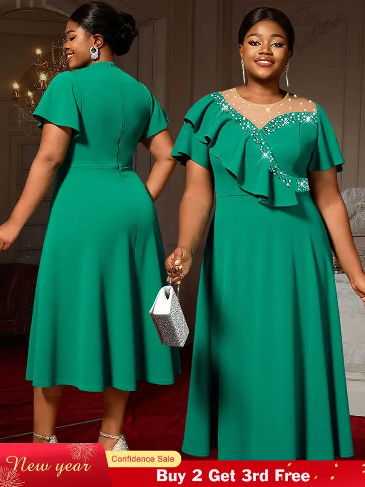 AOMEIDRESS Elegant Green A Line Ruffle Beaded Dress for Wedding Party Green / S