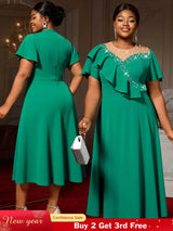 AOMEIDRESS Elegant Green A Line Ruffle Beaded Dress for Wedding Party Green / S