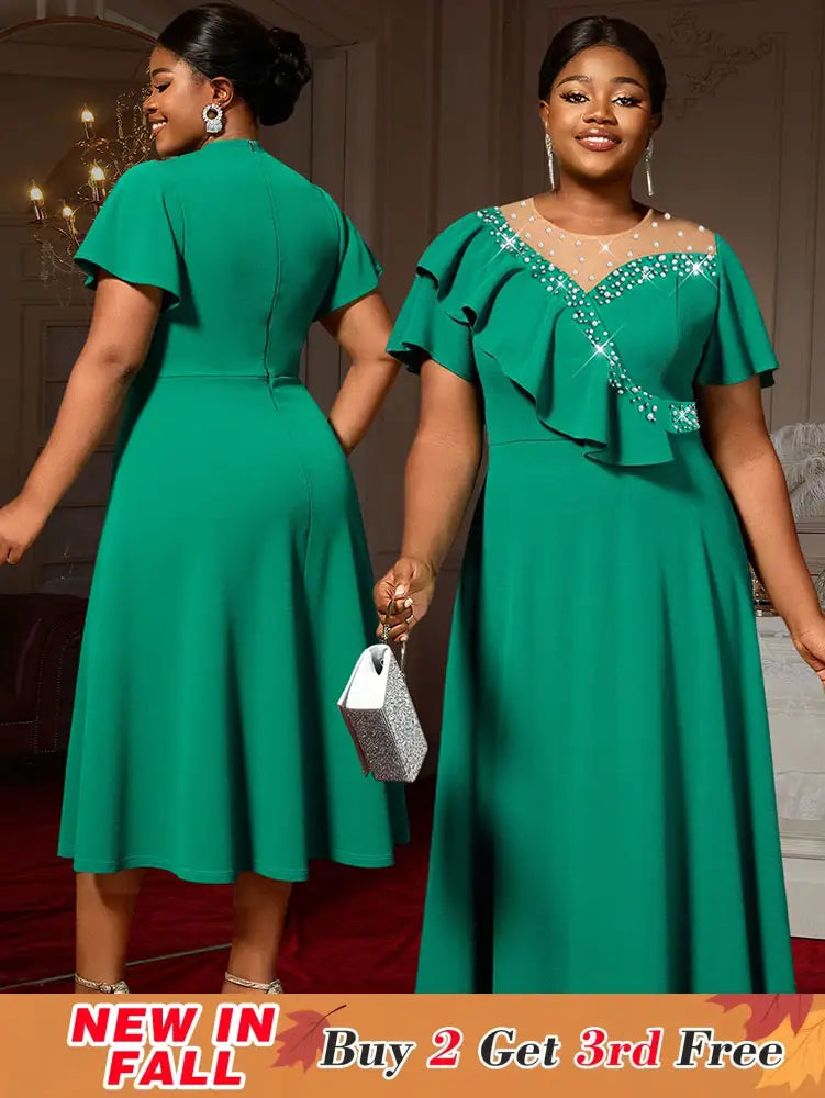 AOMEIDRESS Elegant Green A Line Ruffle Beaded Dress for Wedding Party Green / S