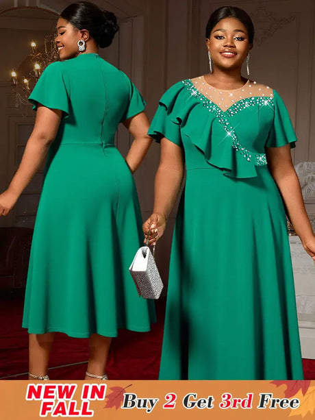AOMEIDRESS Elegant Green A Line Ruffle Beaded Dress for Wedding Party Green / S