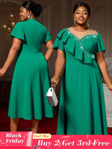 AOMEIDRESS Elegant Green A Line Ruffle Beaded Dress for Wedding Party Green / S