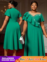 AOMEIDRESS Elegant Green A Line Ruffle Beaded Dress for Wedding Party Green / S