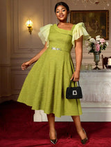 AOMEIDRESS Elegant Green Knit Dress Organza Ruffle Sleeve For Party