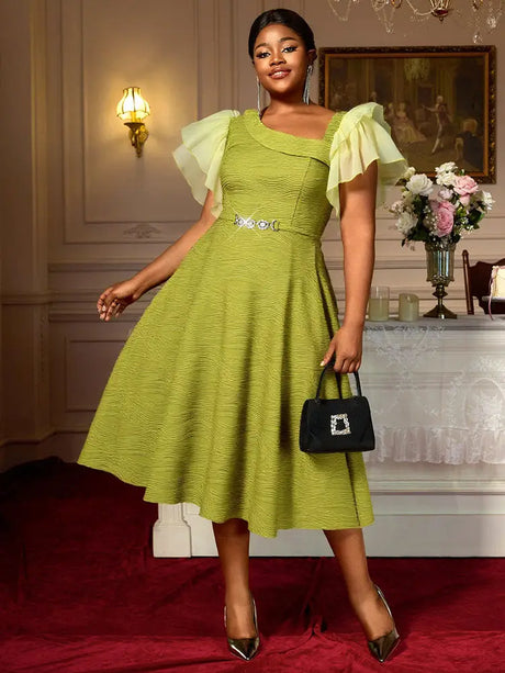 AOMEIDRESS Elegant Green Knit Dress Organza Ruffle Sleeve For Party