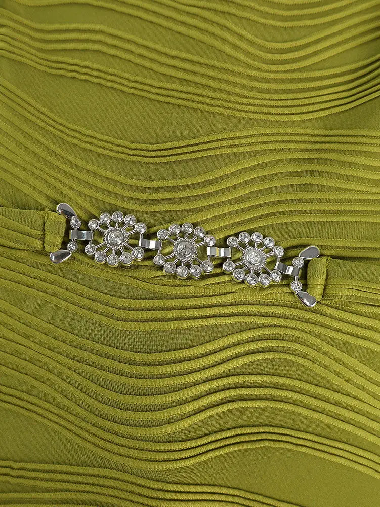 AOMEIDRESS Elegant Green Knit Dress Organza Ruffle Sleeve For Party