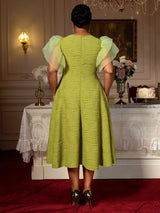 AOMEIDRESS Elegant Green Knit Dress Organza Ruffle Sleeve For Party