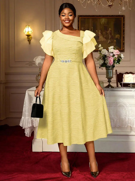 AOMEIDRESS Elegant Green Knit Dress Organza Ruffle Sleeve For Party LightYellow / S