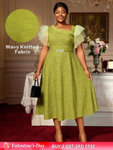 AOMEIDRESS Elegant Green Knit Dress Organza Ruffle Sleeve For Party MustardGreen / S