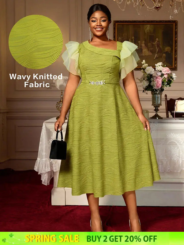 AOMEIDRESS Elegant Green Knit Dress Organza Ruffle Sleeve For Party MustardGreen / S