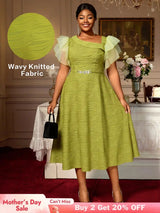 AOMEIDRESS Elegant Green Knit Dress Organza Ruffle Sleeve For Party MustardGreen / S