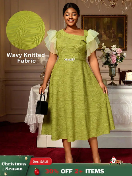 AOMEIDRESS Elegant Green Knit Dress Organza Ruffle Sleeve For Party MustardGreen / S