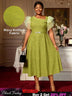 AOMEIDRESS Elegant Green Knit Dress Organza Ruffle Sleeve For Party MustardGreen / S