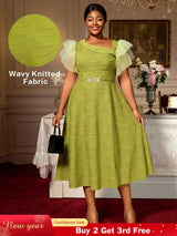 AOMEIDRESS Elegant Green Knit Dress Organza Ruffle Sleeve For Party MustardGreen / S