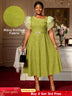 AOMEIDRESS Elegant Green Knit Dress Organza Ruffle Sleeve For Party MustardGreen / S