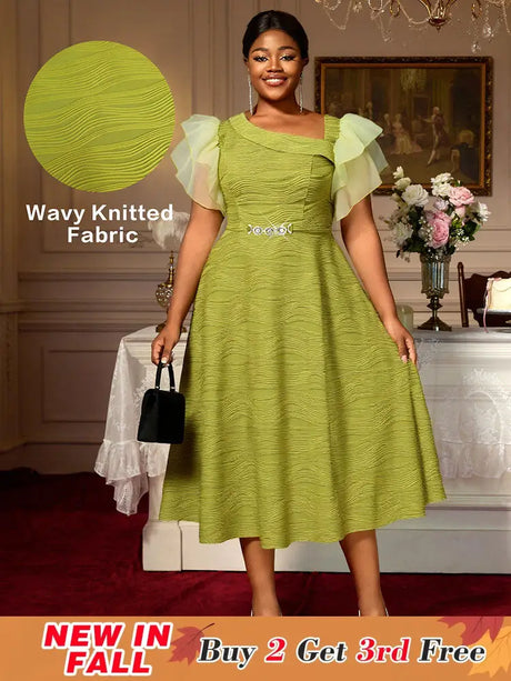 AOMEIDRESS Elegant Green Knit Dress Organza Ruffle Sleeve For Party MustardGreen / S
