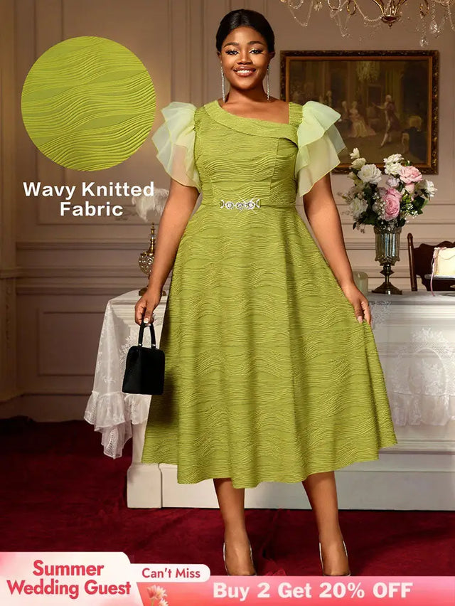 AOMEIDRESS Elegant Green Knit Dress Organza Ruffle Sleeve For Party MustardGreen / S