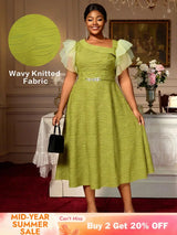 AOMEIDRESS Elegant Green Knit Dress Organza Ruffle Sleeve For Party MustardGreen / S