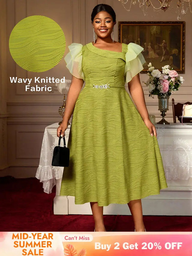 AOMEIDRESS Elegant Green Knit Dress Organza Ruffle Sleeve For Party MustardGreen / S