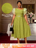 AOMEIDRESS Elegant Green Knit Dress Organza Ruffle Sleeve For Party MustardGreen / S