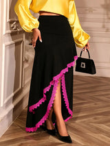 AOMEIDRESS Elegant Irregular A Line Skirt Color Block Pink Lace Trim