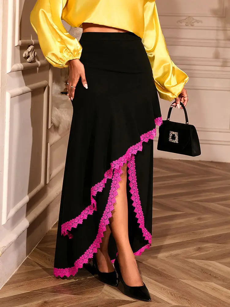 AOMEIDRESS Elegant Irregular A Line Skirt Color Block Pink Lace Trim