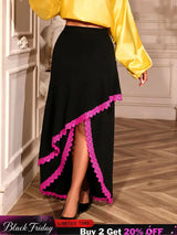 AOMEIDRESS Elegant Irregular A Line Skirt Color Block Pink Lace Trim Black / S
