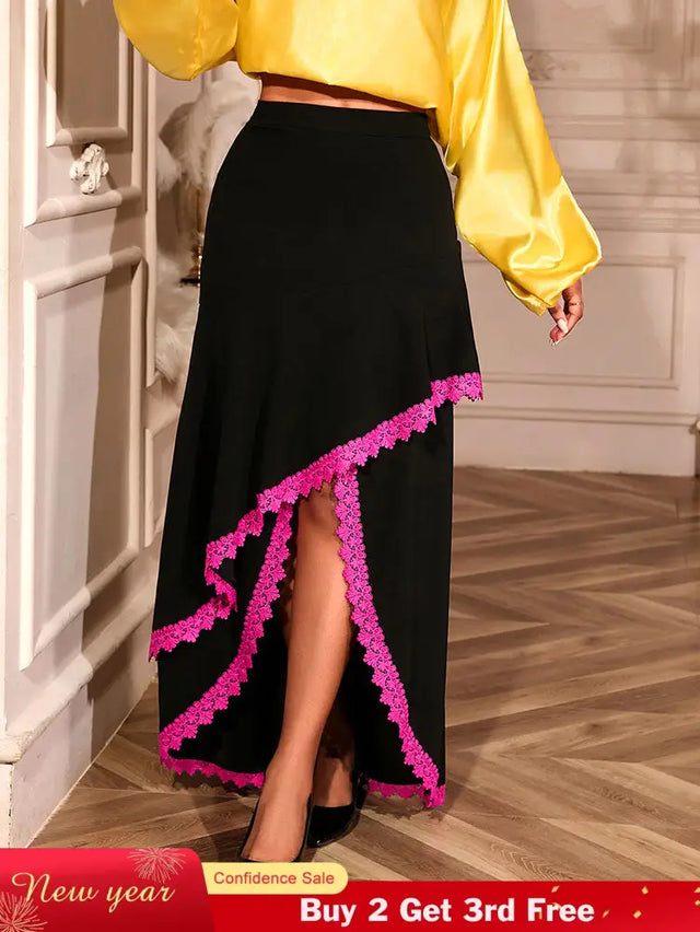 AOMEIDRESS Elegant Irregular A Line Skirt Color Block Pink Lace Trim Black / S
