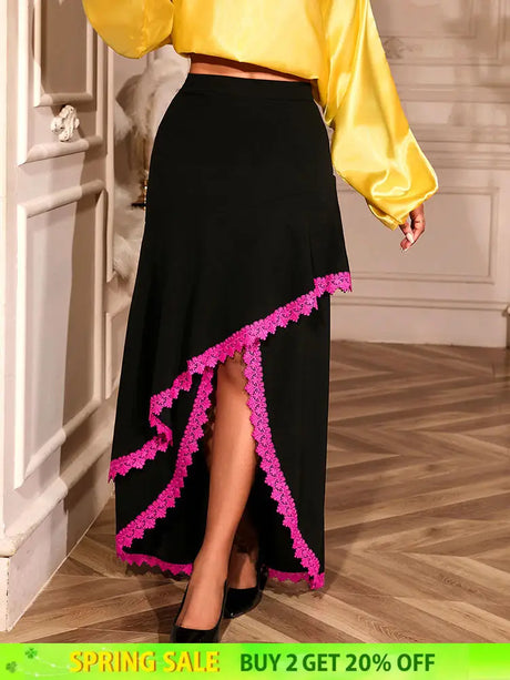 AOMEIDRESS Elegant Irregular A Line Skirt Color Block Pink Lace Trim Black / S
