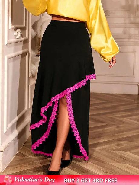 AOMEIDRESS Elegant Irregular A Line Skirt Color Block Pink Lace Trim Black / S
