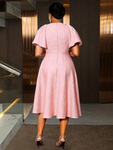 AOMEIDRESS Elegant Jacquard A Line Church Dress 3D Flower Puff Sleeve