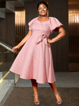 AOMEIDRESS Elegant Jacquard A Line Church Dress 3D Flower Puff Sleeve