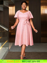 AOMEIDRESS Elegant Jacquard A Line Church Dress 3D Flower Puff Sleeve Pink / S