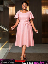 AOMEIDRESS Elegant Jacquard A Line Church Dress 3D Flower Puff Sleeve Pink / S