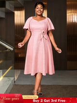 AOMEIDRESS Elegant Jacquard A Line Church Dress 3D Flower Puff Sleeve Pink / S